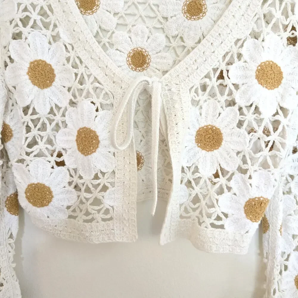 Jessica Simpson Daisy Floral Crochet Crop Cardigan White Cream XL